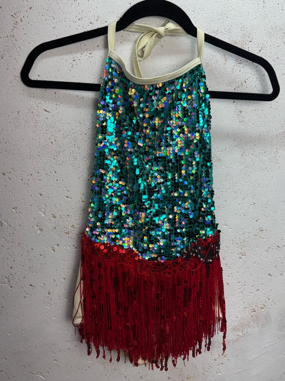 Weissman Costume Sequin Halter Fringe Dance Dress Teal & Red NEW Adult Small